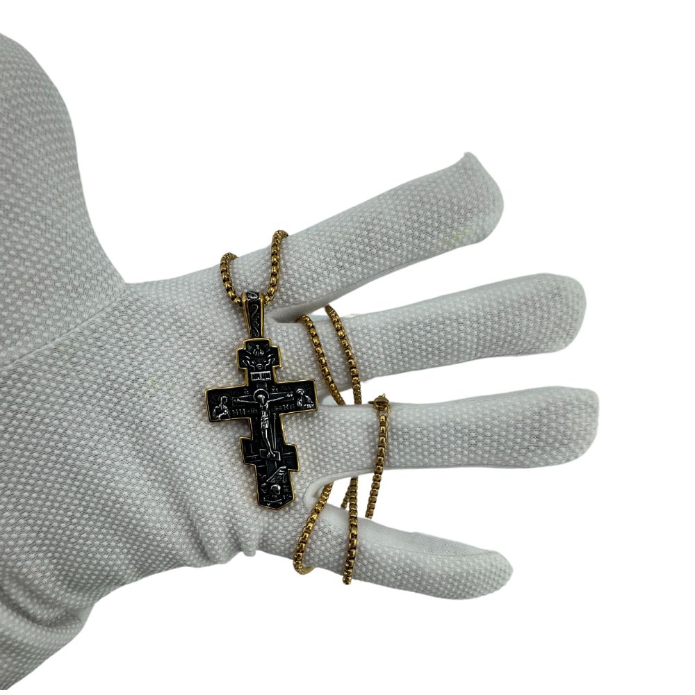 Divine Glitter: Stainless Steel Orthodox Cross Pendant with Chain Divine Glitter: Stainless Steel Orthodox Cross Pendant with Chain